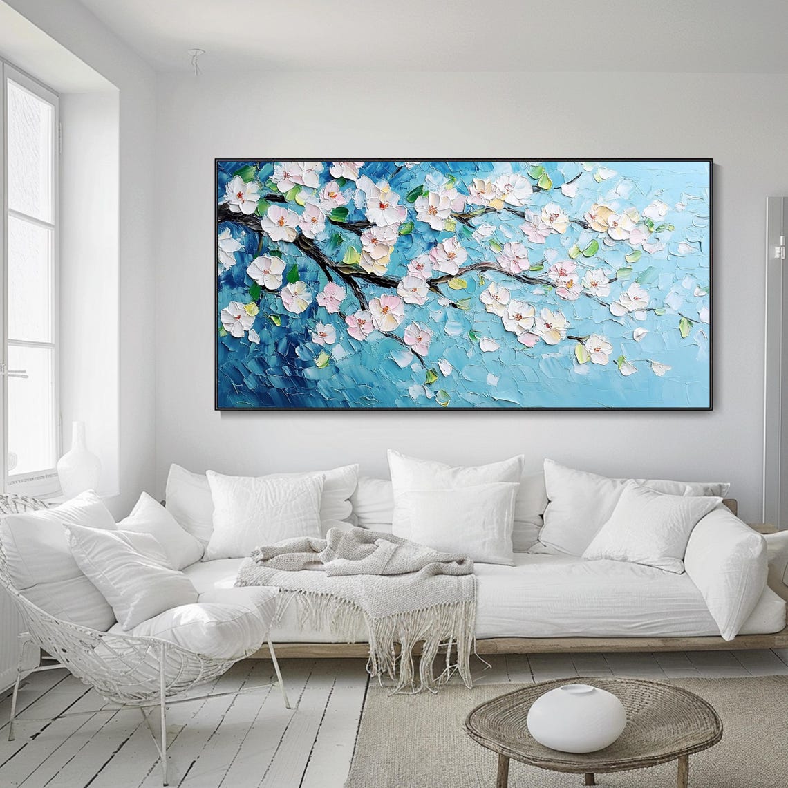 Natural Blue Sky Texture Wall Art Blooming White Cherry Blossom Oil Painting 3d Handcrafted Thick Texture Palette Knife Art Natural - Image 2