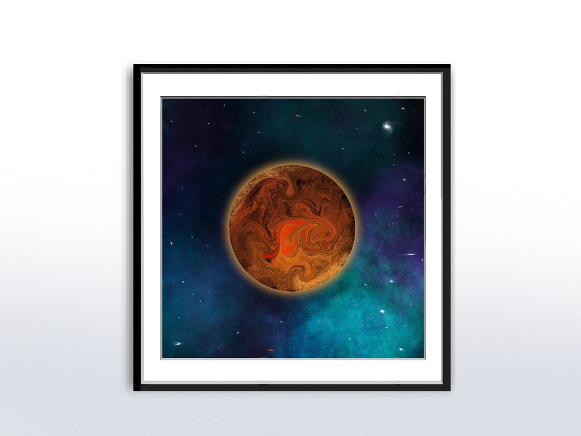 Gas Giant Planet Orange Swirls Starry Teal Nebula Space Poster