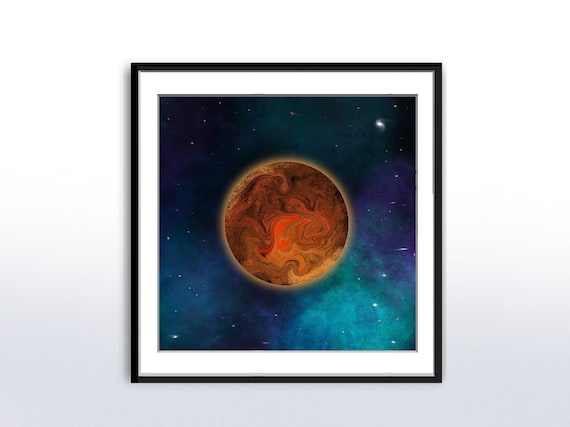 Gas Giant Planet Orange Swirls Starry Teal Nebula Space Poster