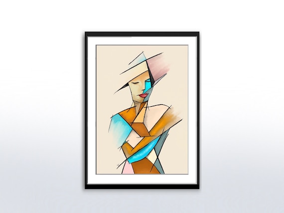 Cubist Woman Torso Geometric Blocks Orange Blue Abstract Poster