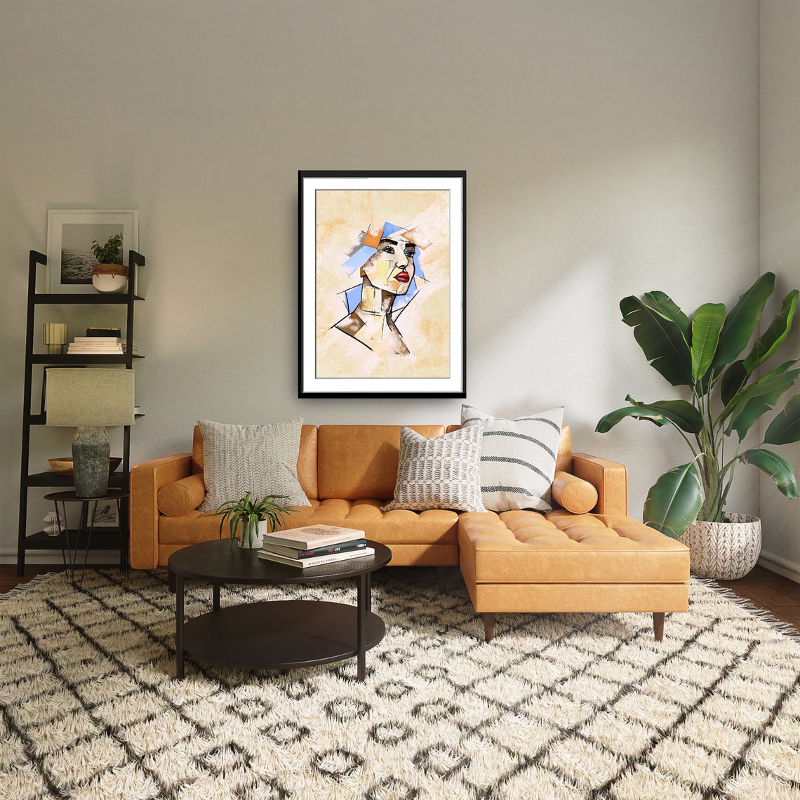 Abstract Cubist Woman Face Orange Blue Geometric Blocks Poster - Image 2
