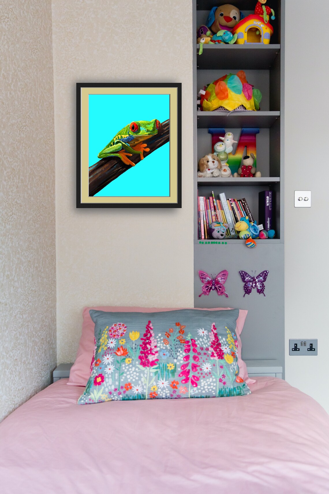 Vivid Red Eyed Tree Frog On Branch Turquoise Kids Room Art Poster - Image 3