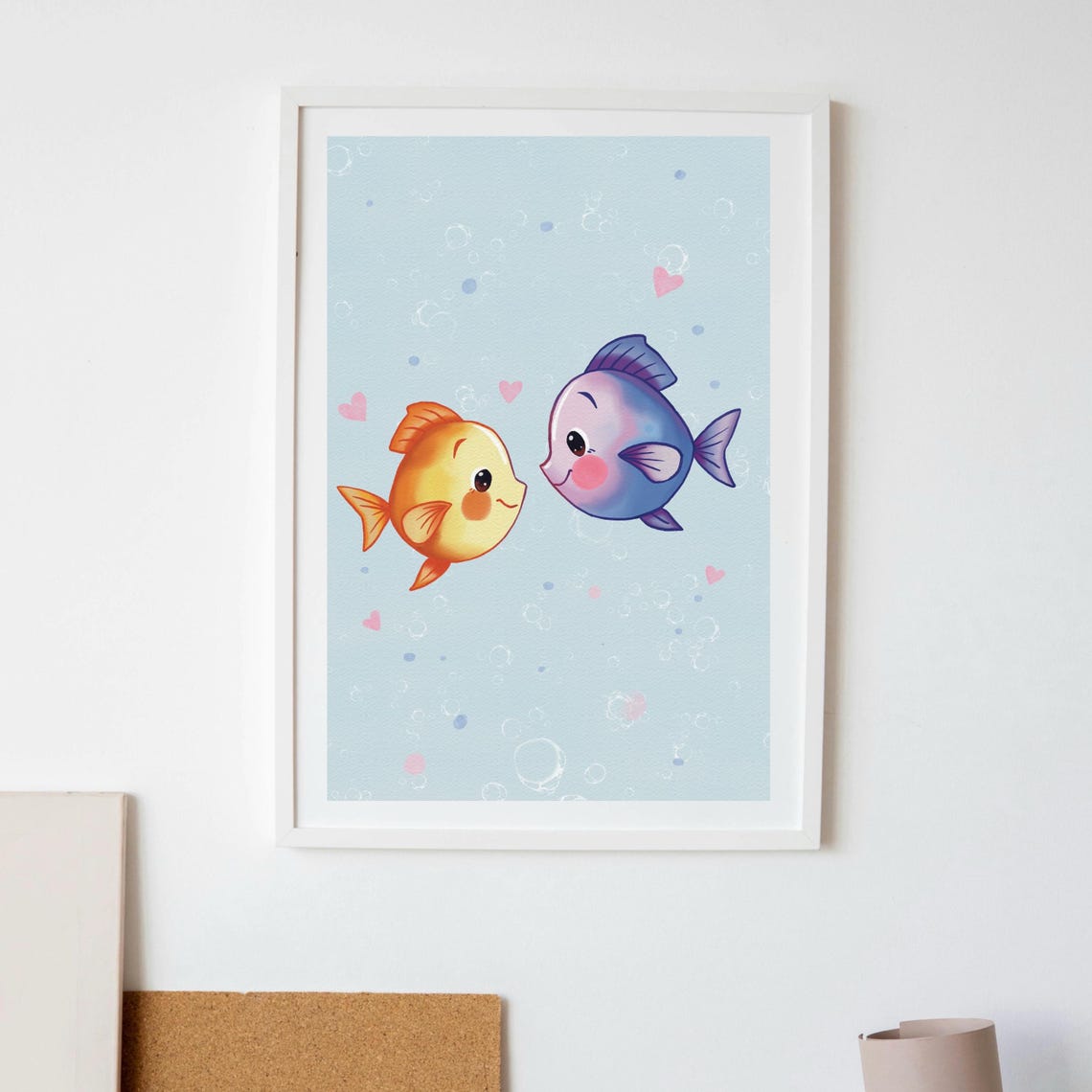 Two Cute Fish in Love Bubbles Underwater Heart Nursery Poster - Image 2