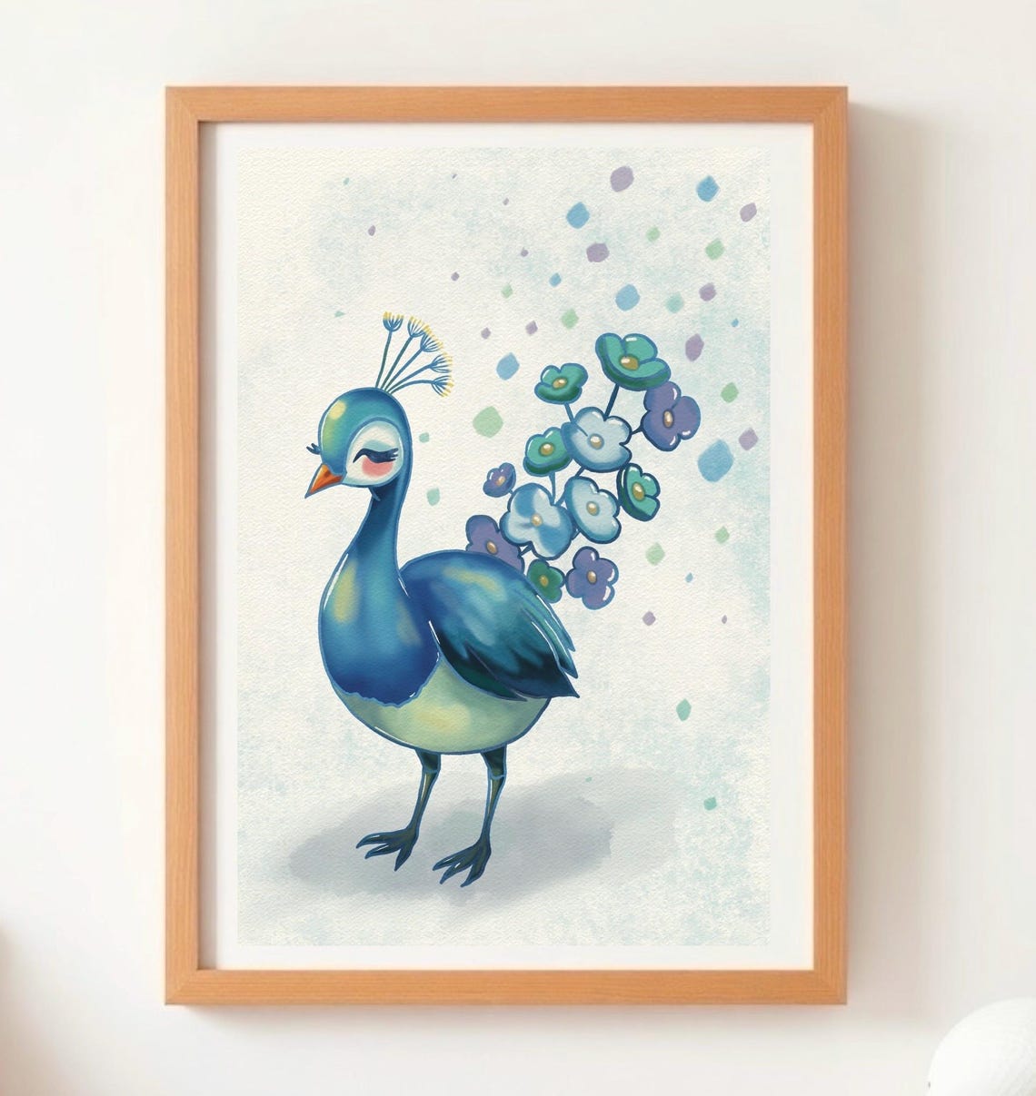 Blue Peacock With Floral Tail Feathers Watercolor Bird Art Poster