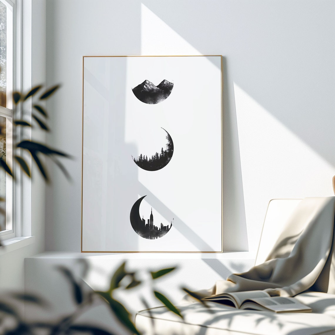 Minimalist Black Ink Moon Phases With Mountain Forest City Poster - Image 2