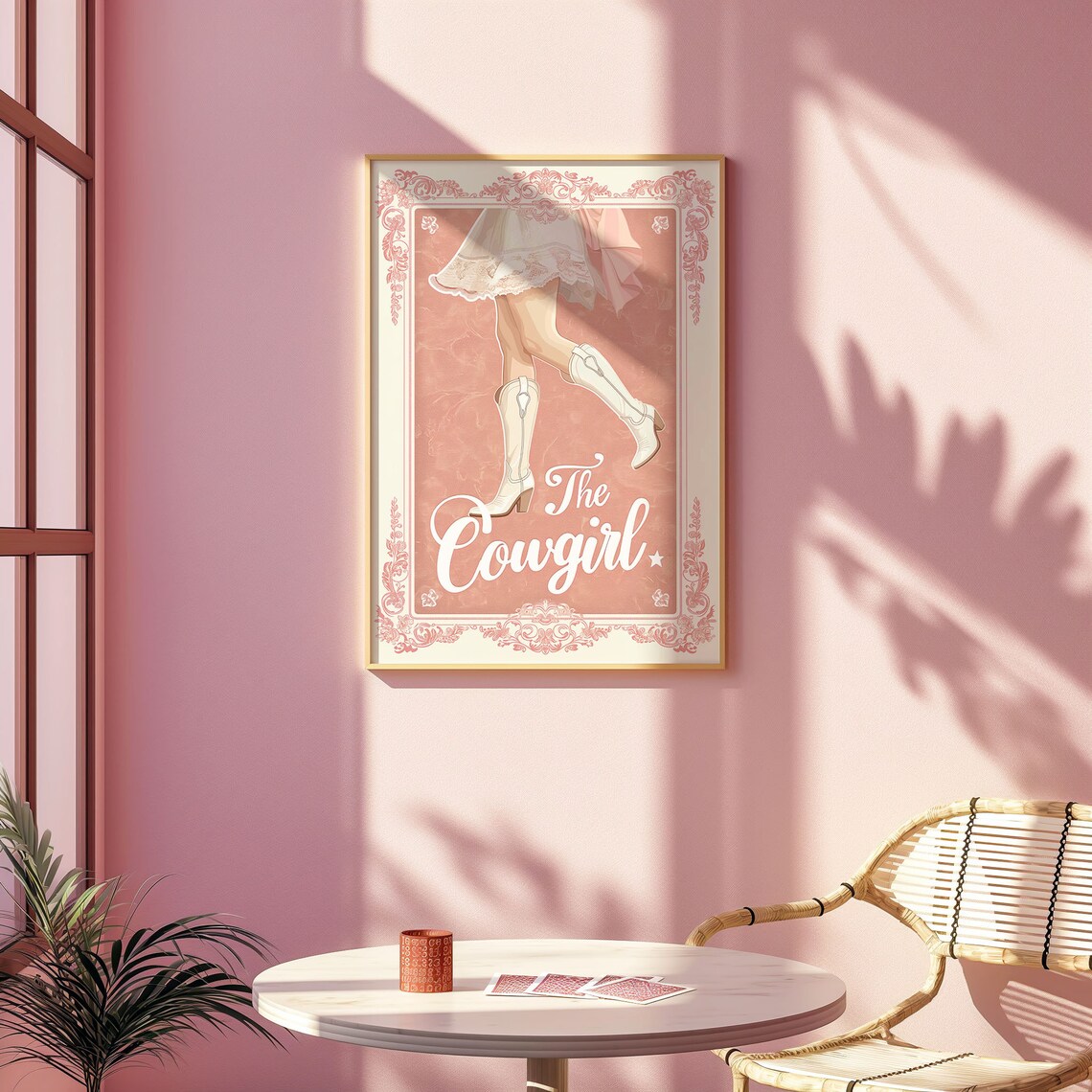 The Cowgirl White Boots Twirl Skirt Pink Floral Border Poster - Image 2