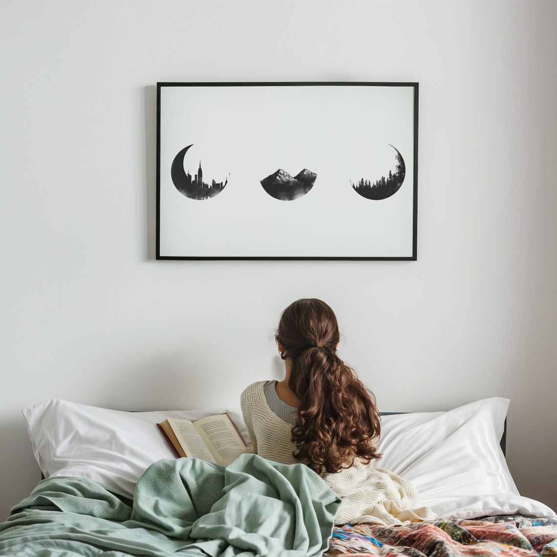 Horizontal Monochrome Moon Phases Celestial Silhouette Poster - Image 2