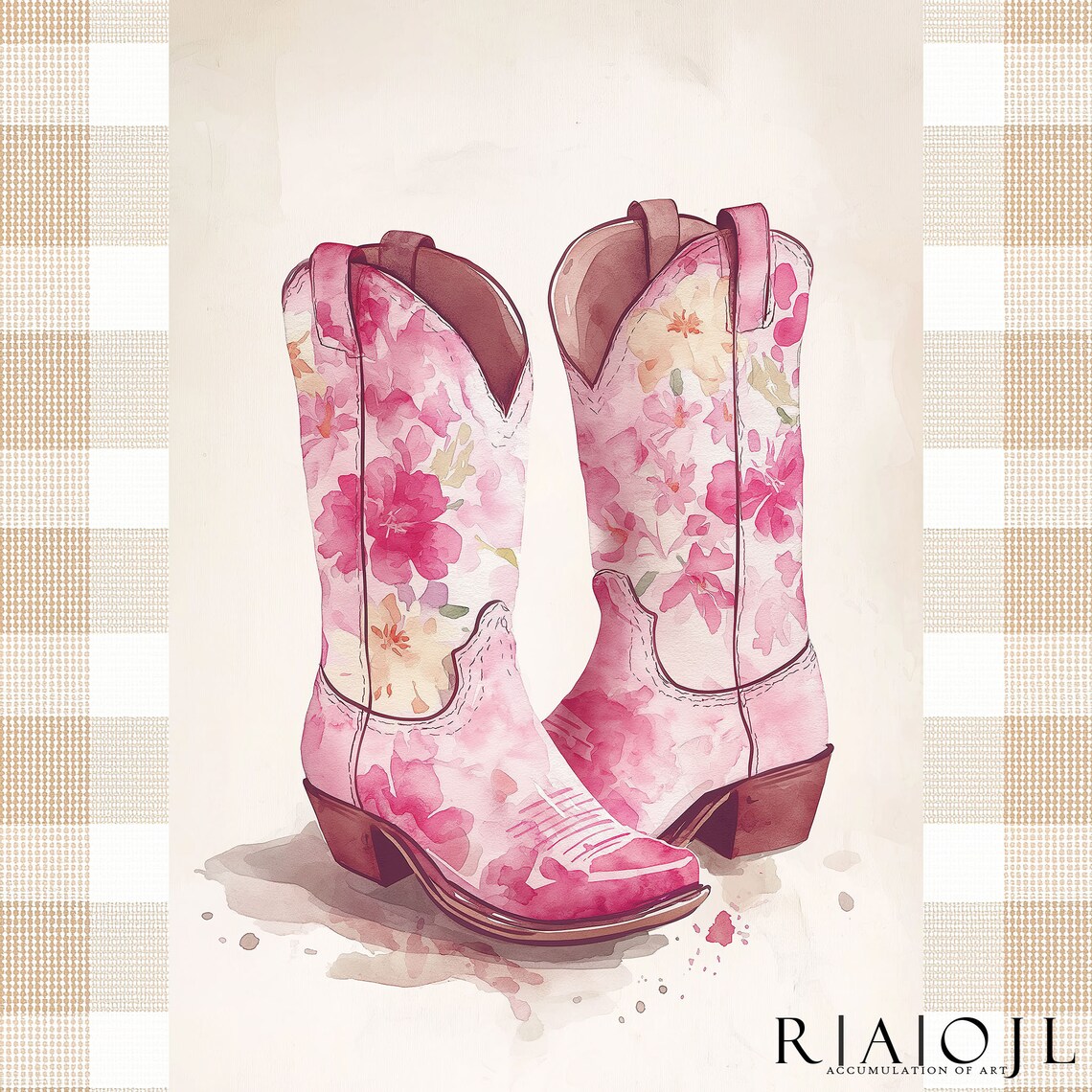 Pink Floral Cowboy Boots Gingham Western Cowgirl Decor Poster - Image 4
