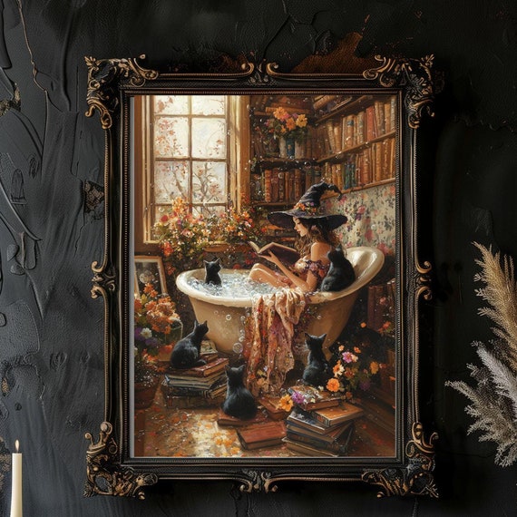 Witch Reading in Bathtub With Black Cats Print