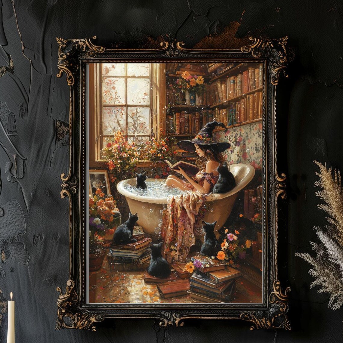 Witch Reading in Bathtub With Black Cats Print