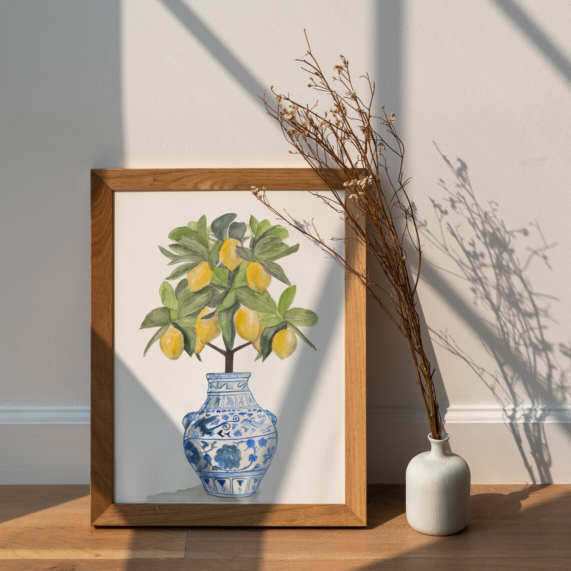 Lemon Chinoiserie Blue White Vase Botanical Art Print - Image 2