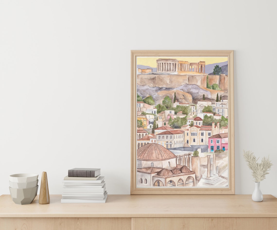 Athens Acropolis Parthenon Watercolor Cityscape Old Town View Poster - Image 4