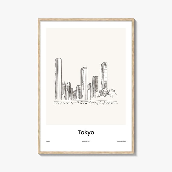 Tokyo Japan Downtown Skyline Minimalist Line Drawing Art Poster