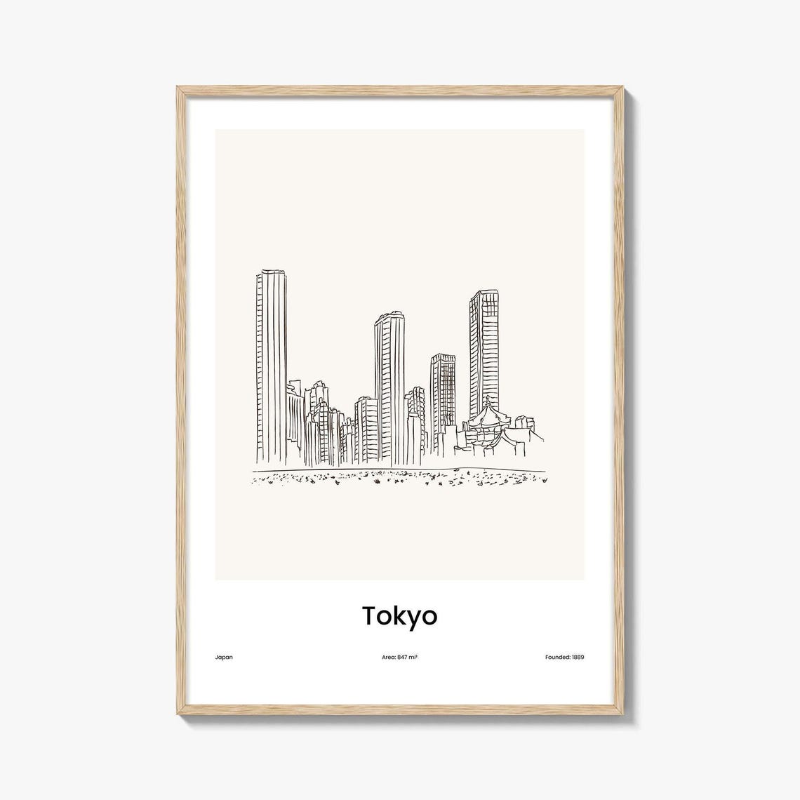 Tokyo Japan Downtown Skyline Minimalist Line Drawing Art Poster