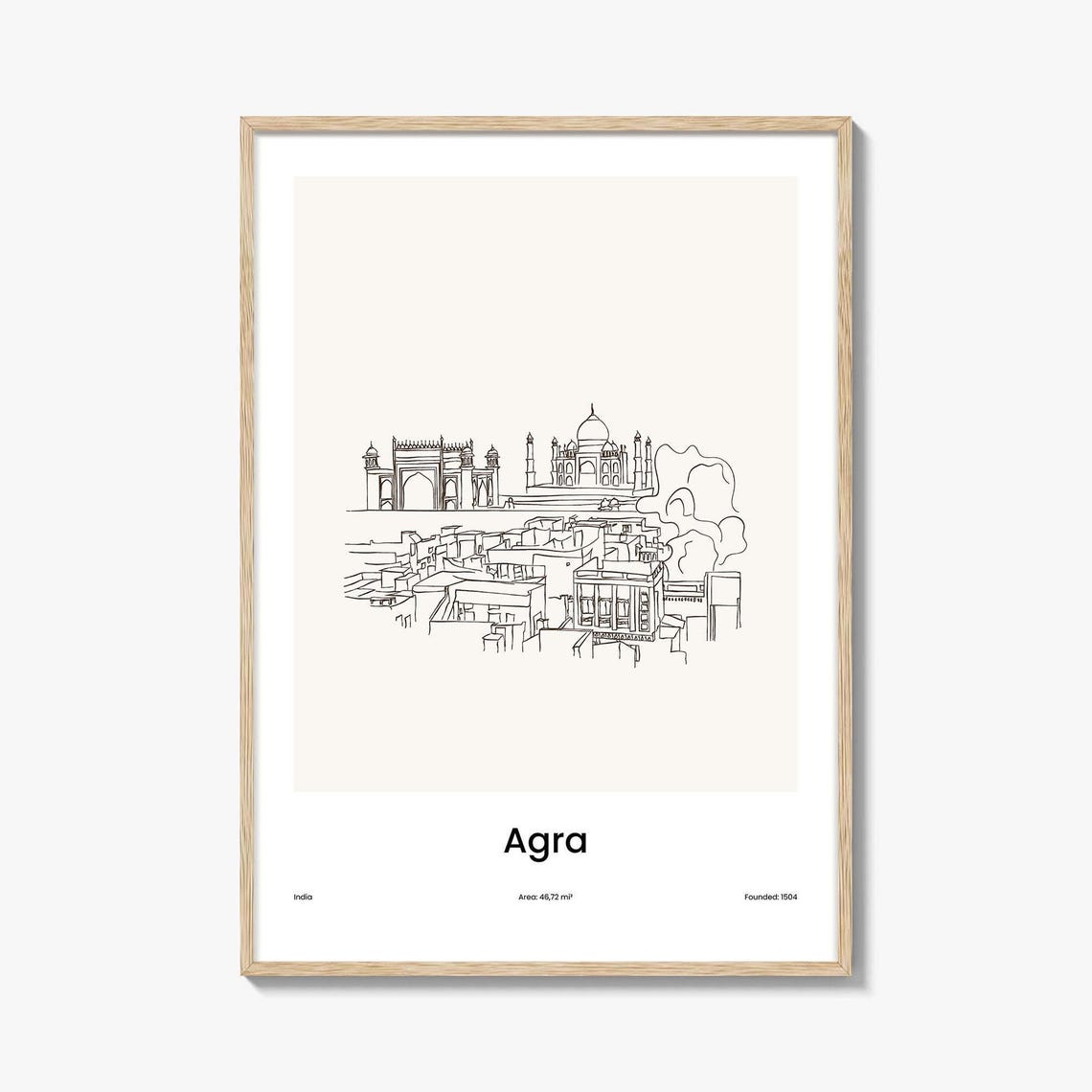 Agra India Taj Mahal Minimalist Line Drawing Skyline City Poster