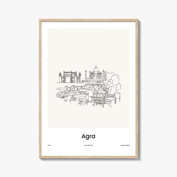 Agra India Taj Mahal Minimalist Line Drawing Skyline City Poster