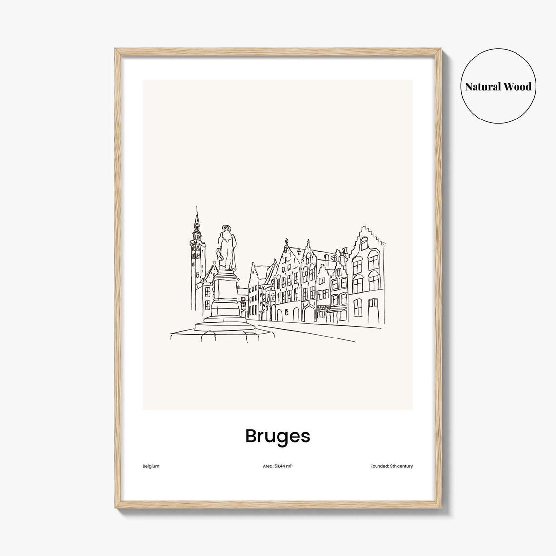 Bruges Belgium Minimalist Line Drawing Old Town Square Poster - Image 2