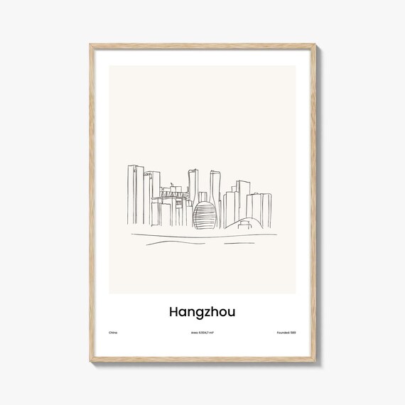 Hangzhou China One Line Skyline Minimalist City Travel Art Poster