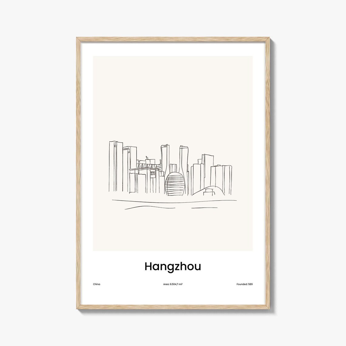 Hangzhou China One Line Skyline Minimalist City Travel Art Poster