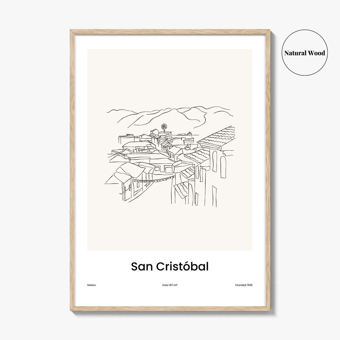 San Cristobal Mexico One Line Drawing Colonial Rooftops Mountain Art Poster - Image 2