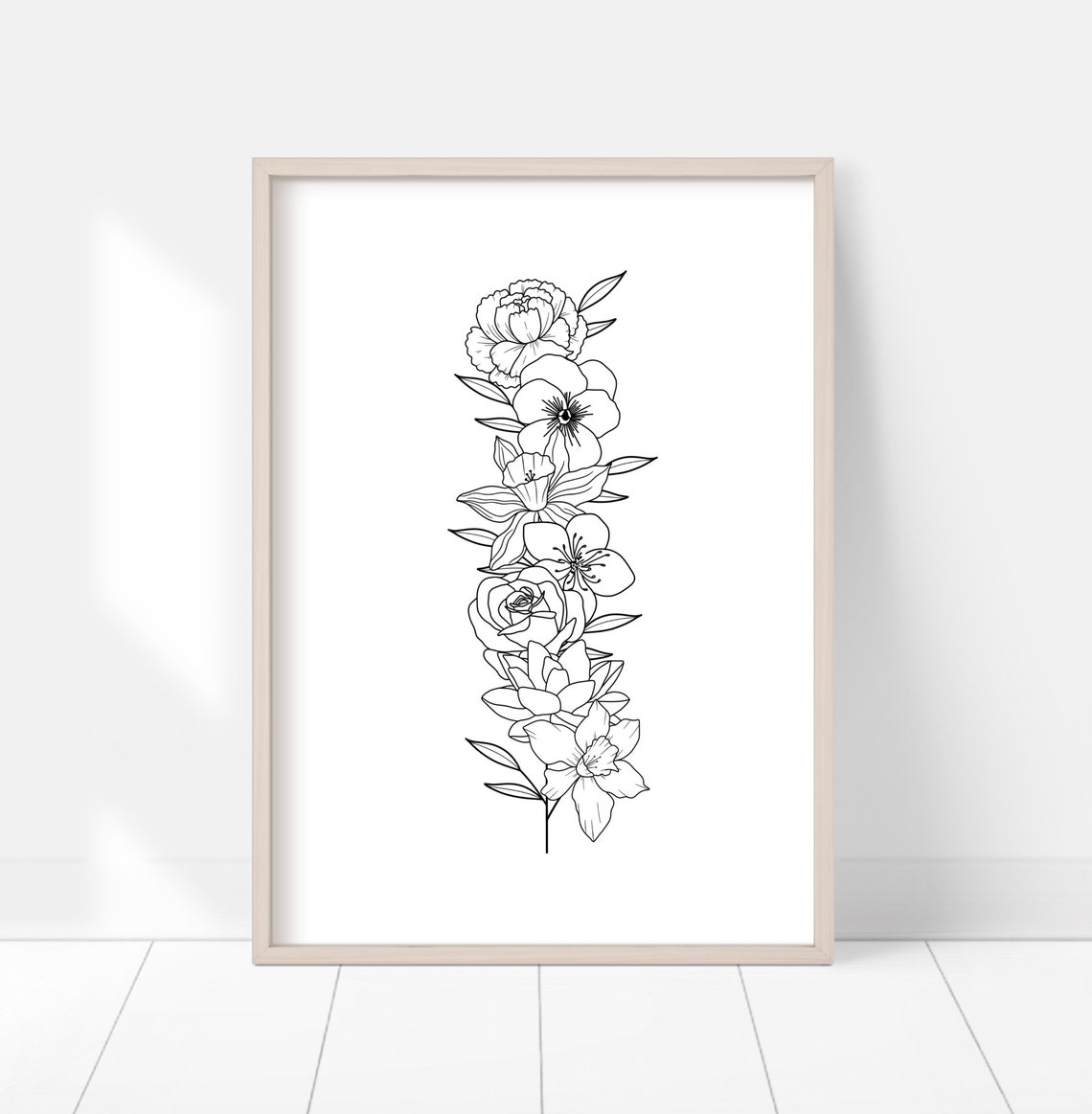 Custom Birth Flower Bouquet Poster Vertical Black Line Floral Art