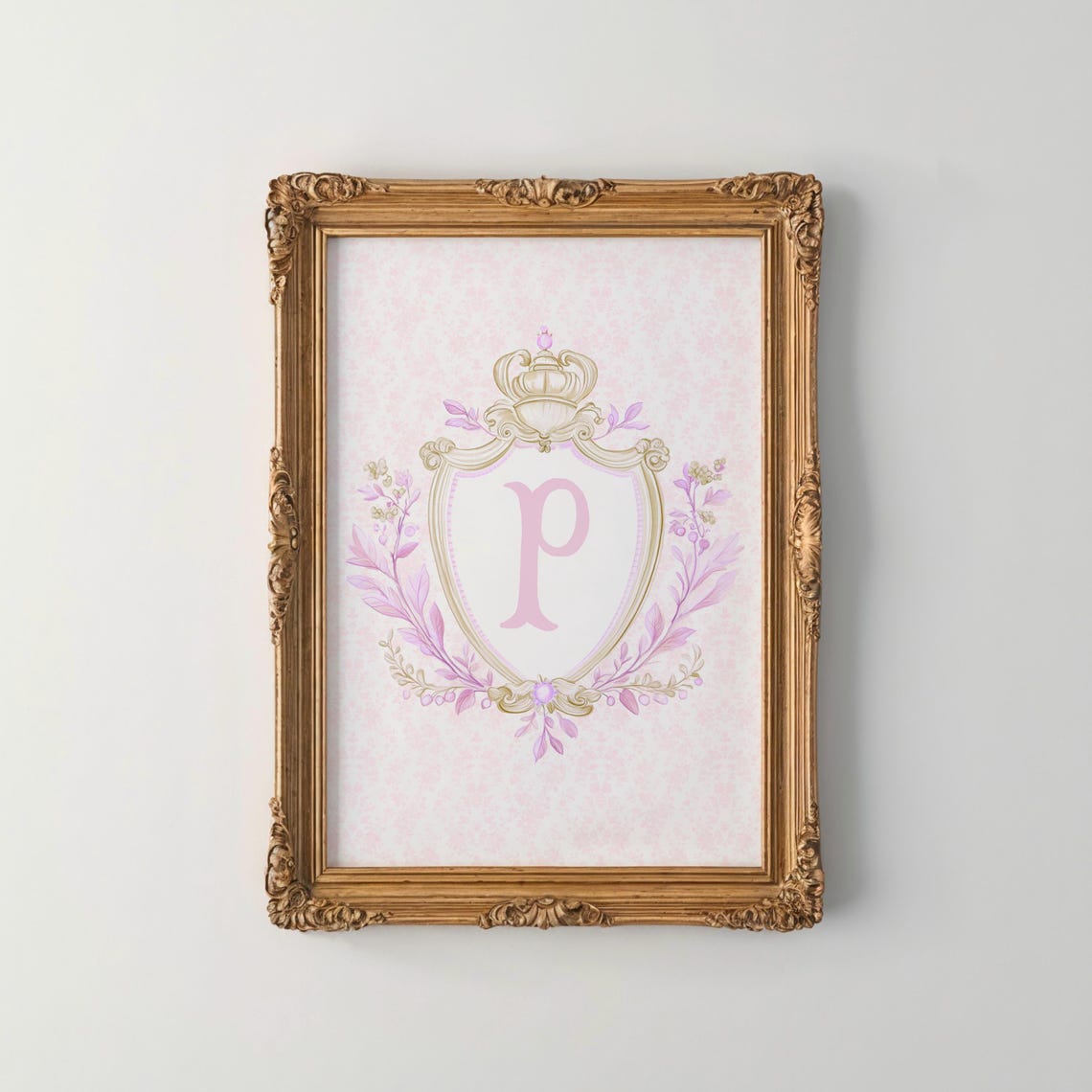 Initial P Pink Crest Coquette Floral Monogram Nursery Poster