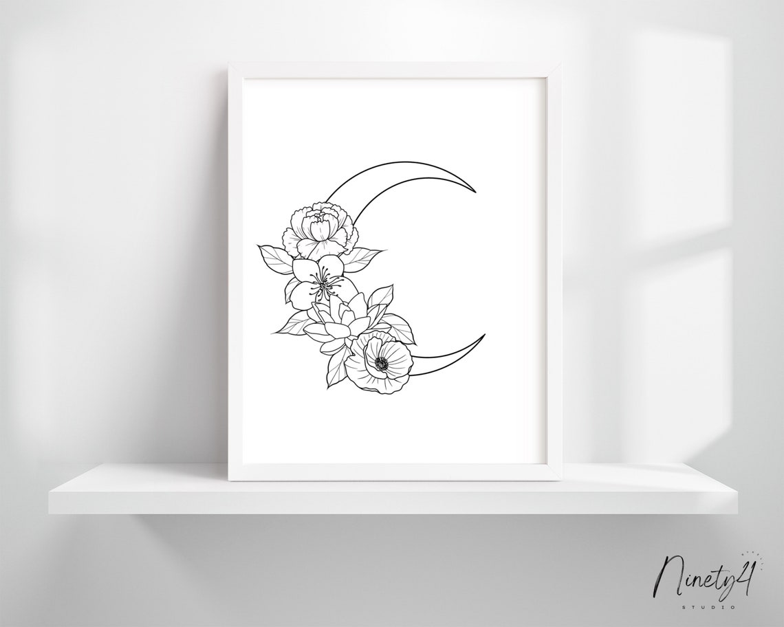 Crescent Moon Birth Flower Poster Botanical Line Art Peony Decor
