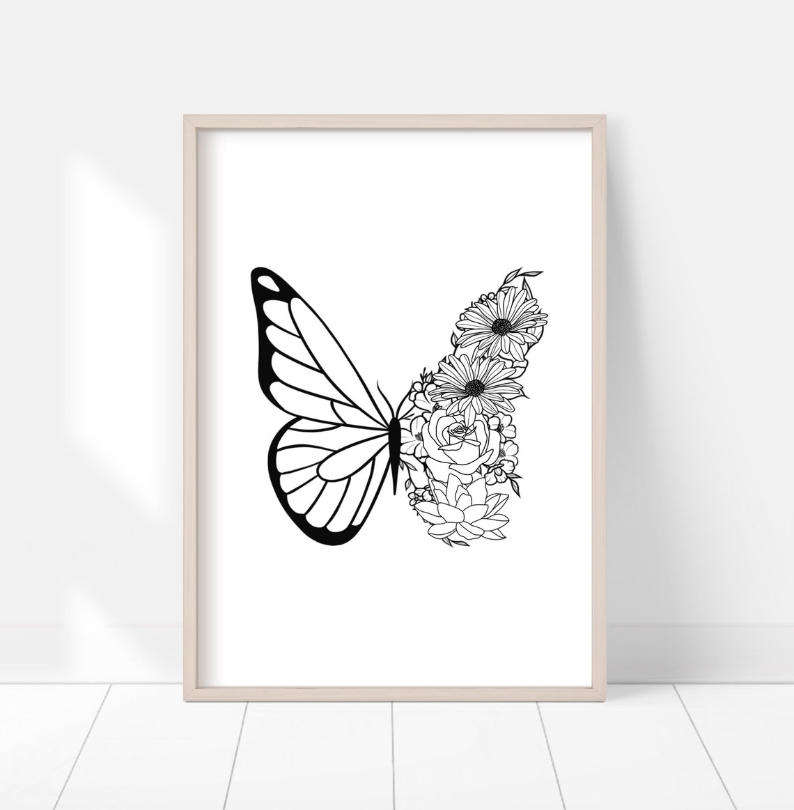 Butterfly Floral Line Art Poster Half Wing Half Bouquet Wall Decor