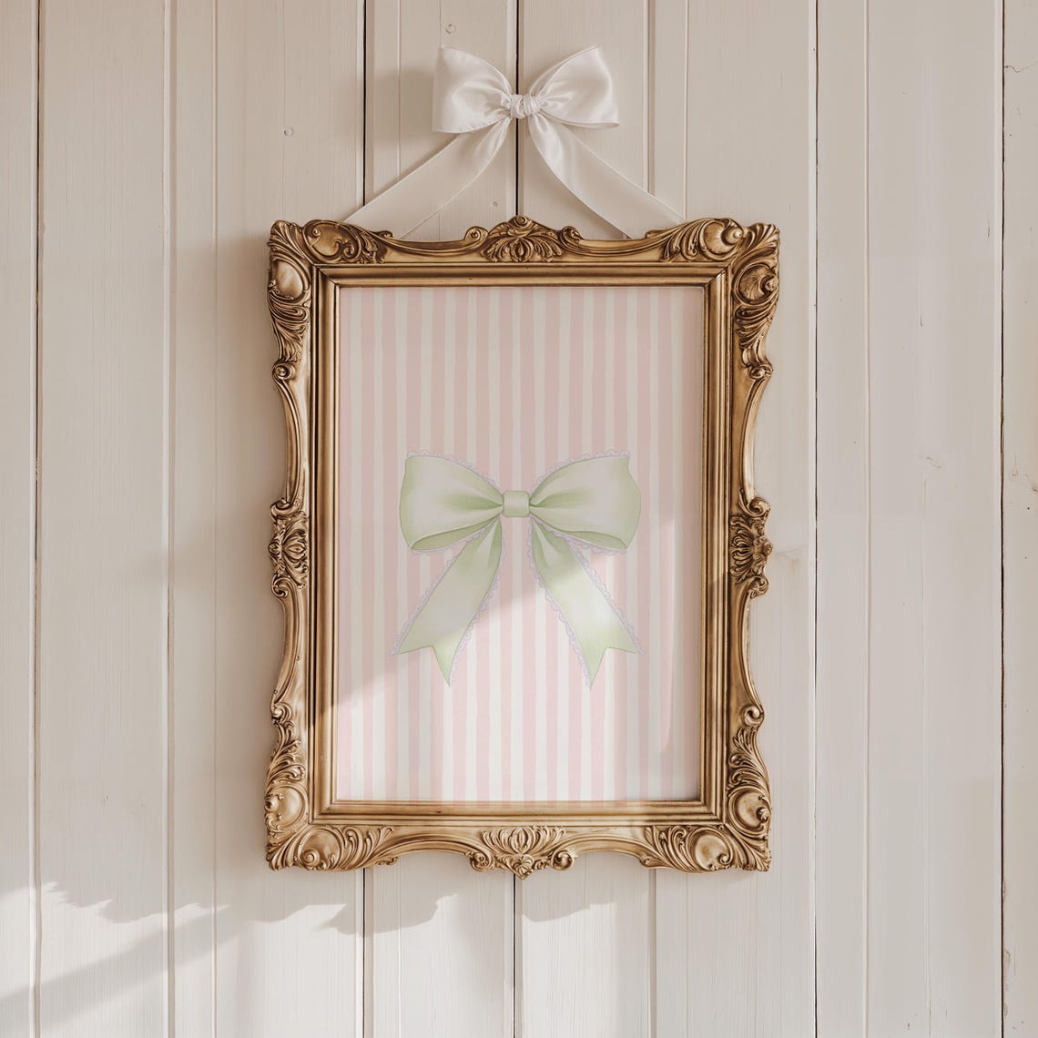 Soft Sage Green Bow Pink Striped Coquette Aesthetic Art Print - Image 3