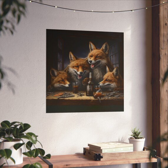Foxes Drinking Animal Humor Poster, Man Cave Decor