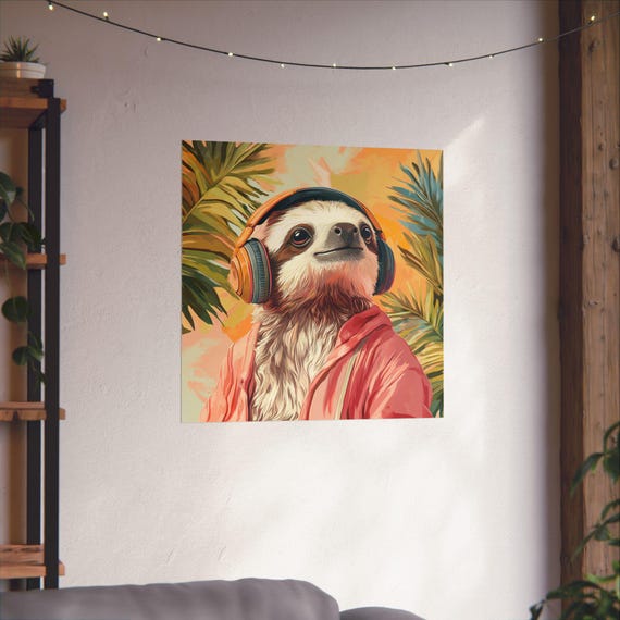 Sloth In Palm Tree Paradise, Tropical Poster