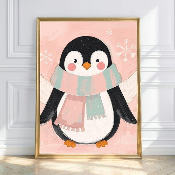 Adorable Penguin in Striped Pastel Scarf Pink Snowflake Poster