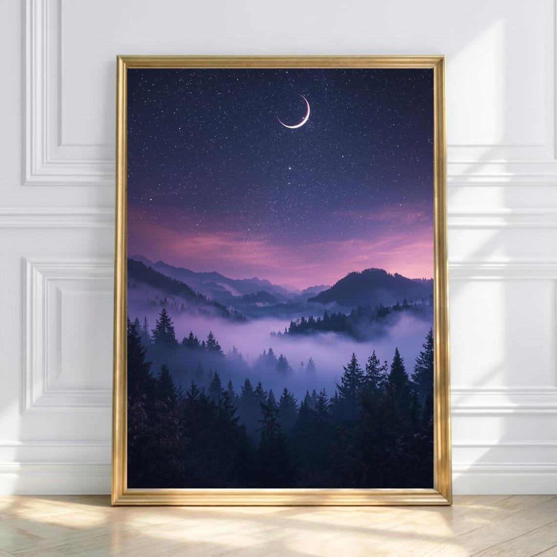Crescent Moon Over a Misty Purple Forest with Starry Night Sky Poster