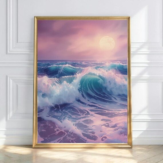 Dreamy Pink Sunset Ocean Waves Coastal Surf Moonlight Poster