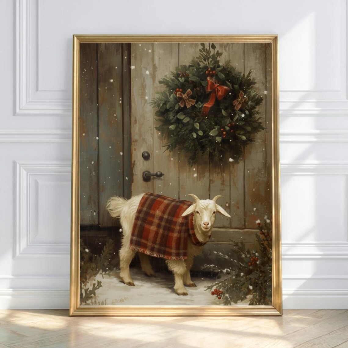 Adorable Baby Goat in Plaid Blanket Snowy Barn Holiday Poster