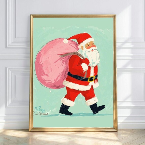 Vintage Santa Claus with Pink Gift Sack Merry Christmas Poster