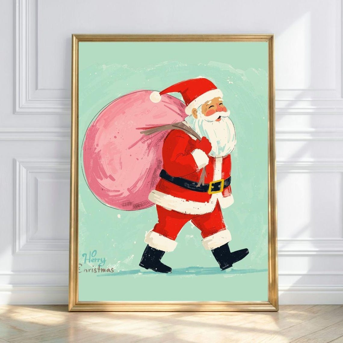 Vintage Santa Claus with Pink Gift Sack Merry Christmas Poster