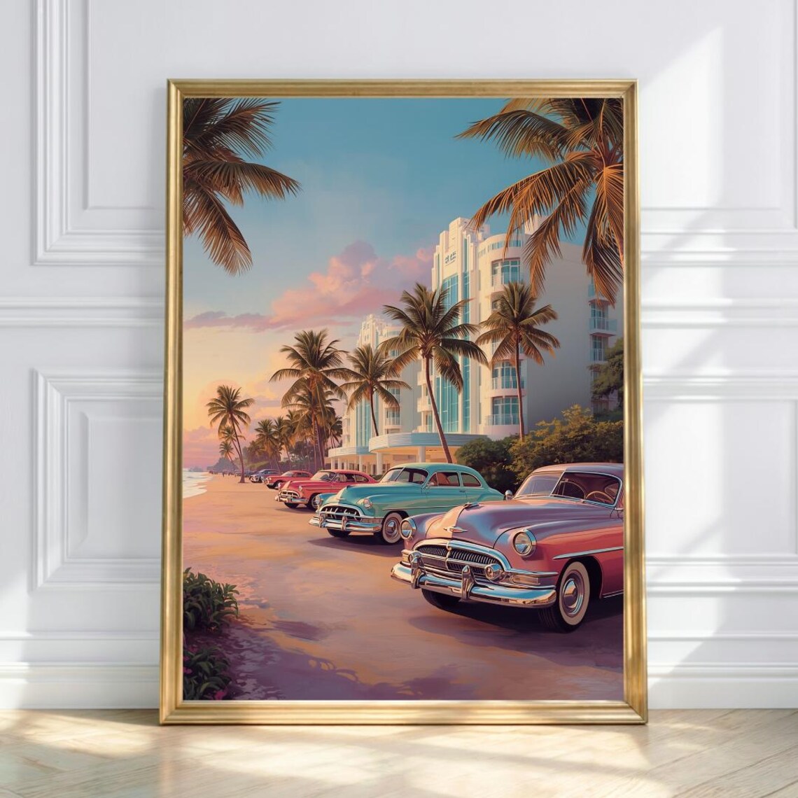 Vintage Classic Cars Beach Promenade Palm Sunset Retro Poster