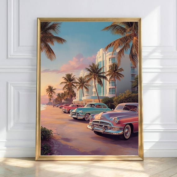 Vintage Classic Cars Beach Promenade Palm Sunset Retro Poster