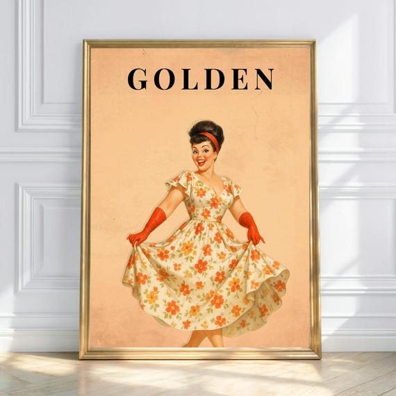 Golden Retro Pinup Wall Art Vintage 1950s Girl Poster Sunshine Glam Print