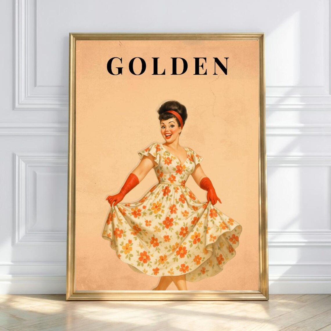 Golden Glam Vintage Retro Pin Up Lady Floral Summer Dress Poster