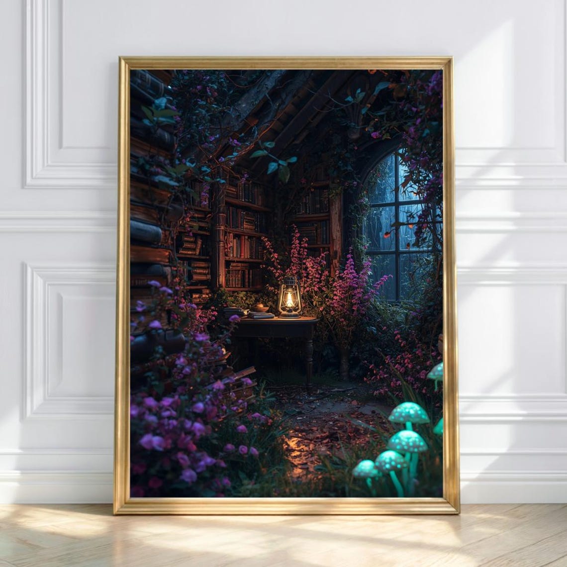 Enchanted Greenhouse Library Lantern Glowing Mushrooms Fantasy Poster