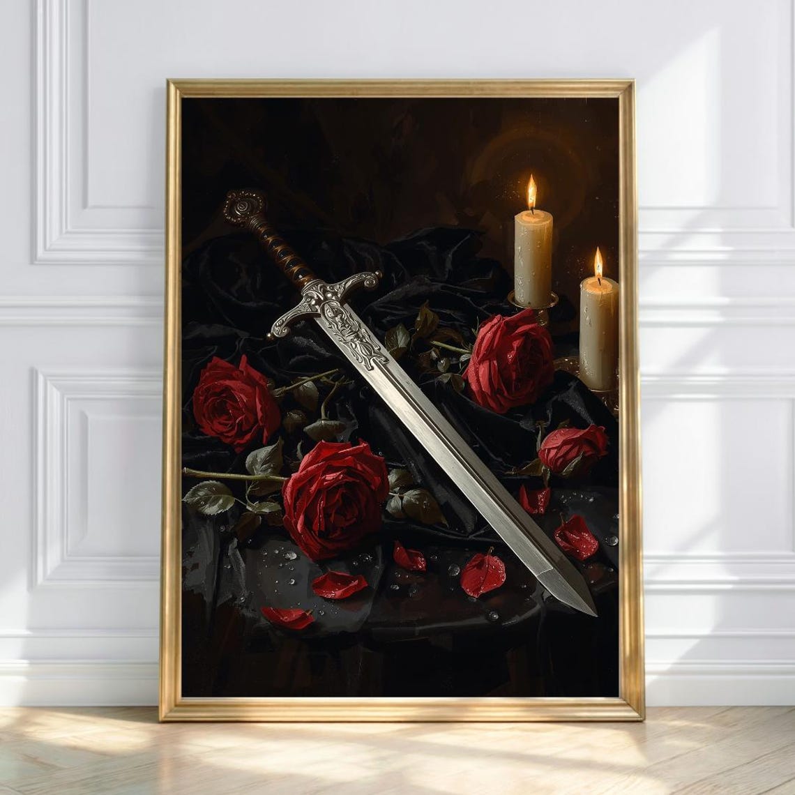Gothic Medieval Sword With Red Roses And Candles Dark Romance Print