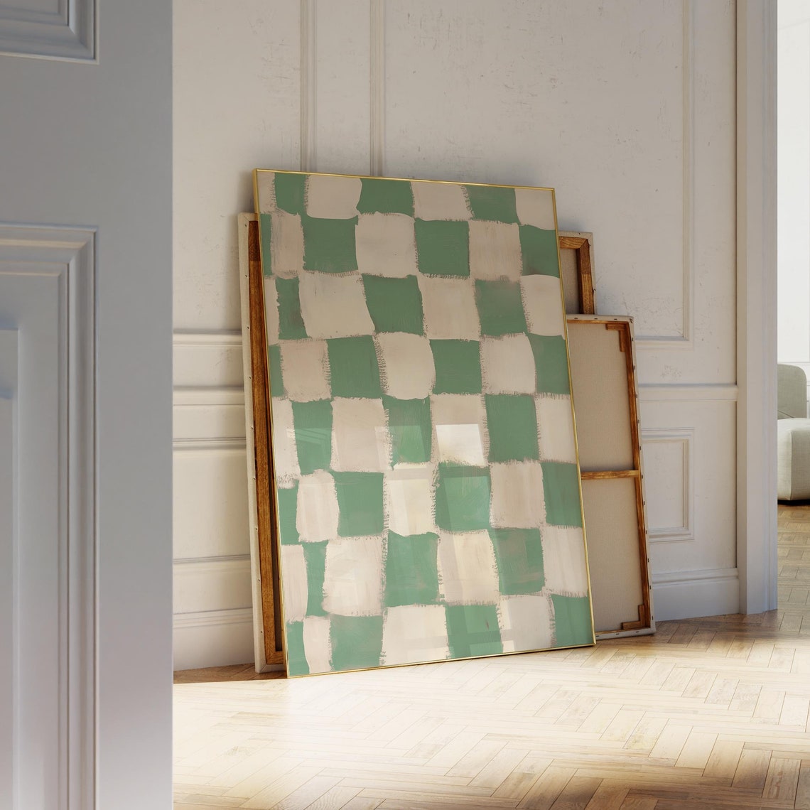 Hand Painted Green White Checkered Modern Abstract Art Poster