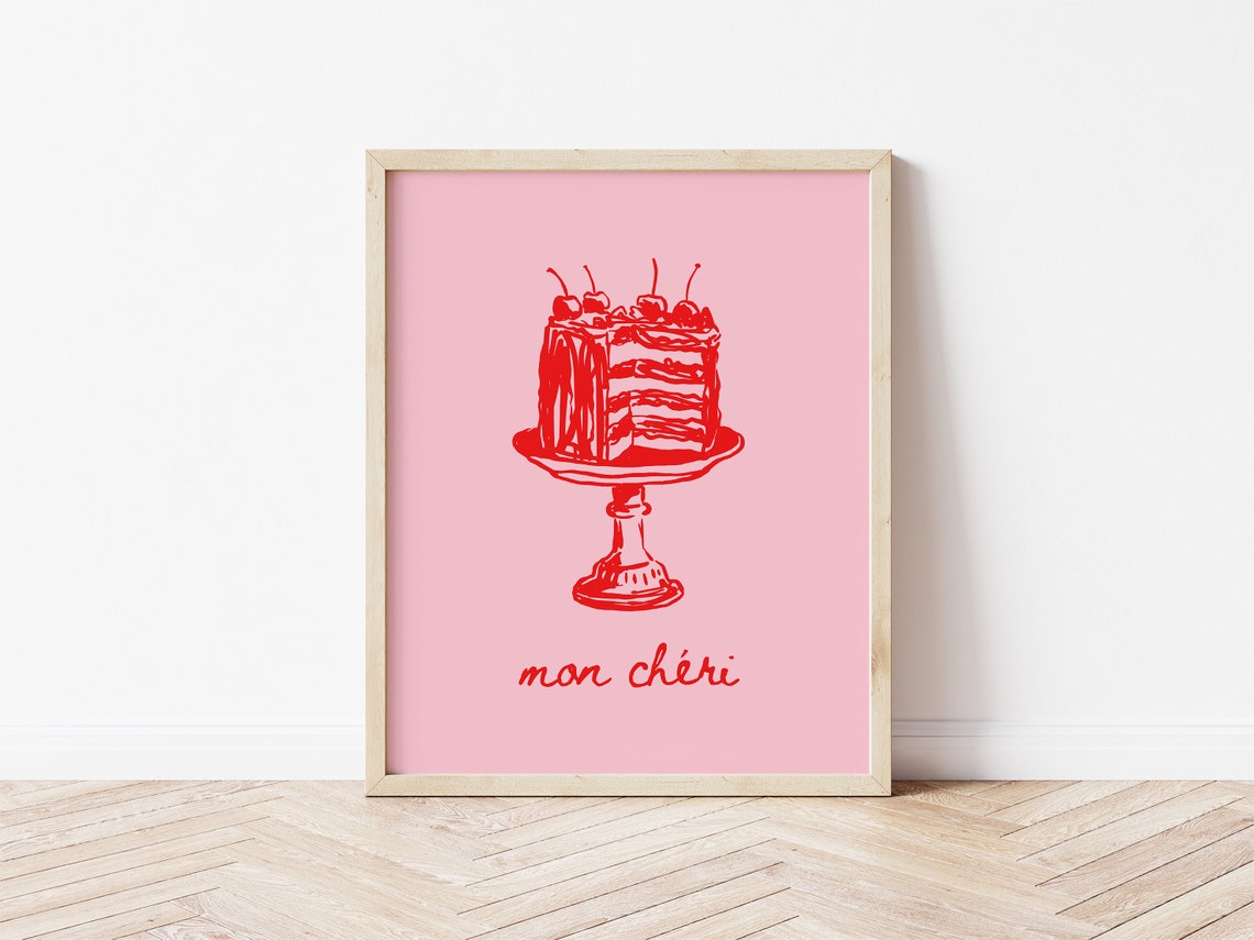 Mon Cheri Red Cake Illustration Pink French Kitchen Dessert Print - Image 2