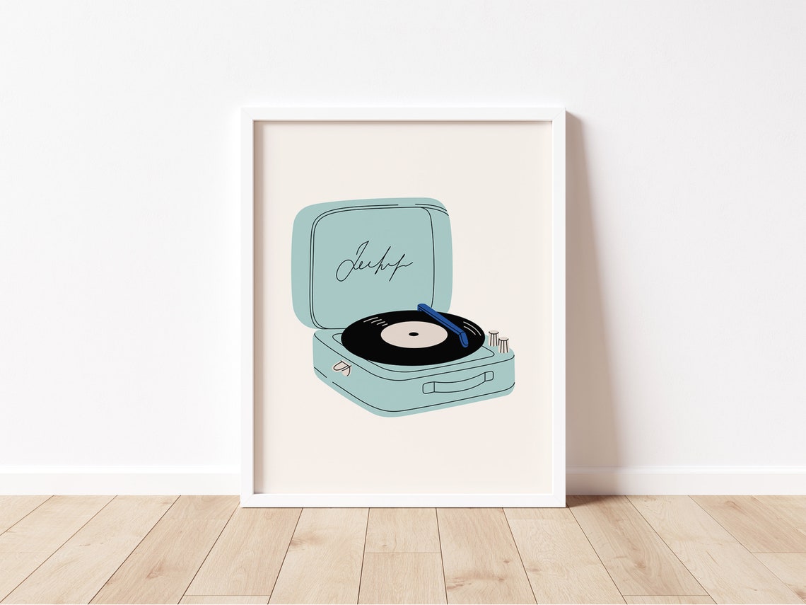 Mint Green Suitcase Record Player Retro Vinyl Music Art Print - Image 2