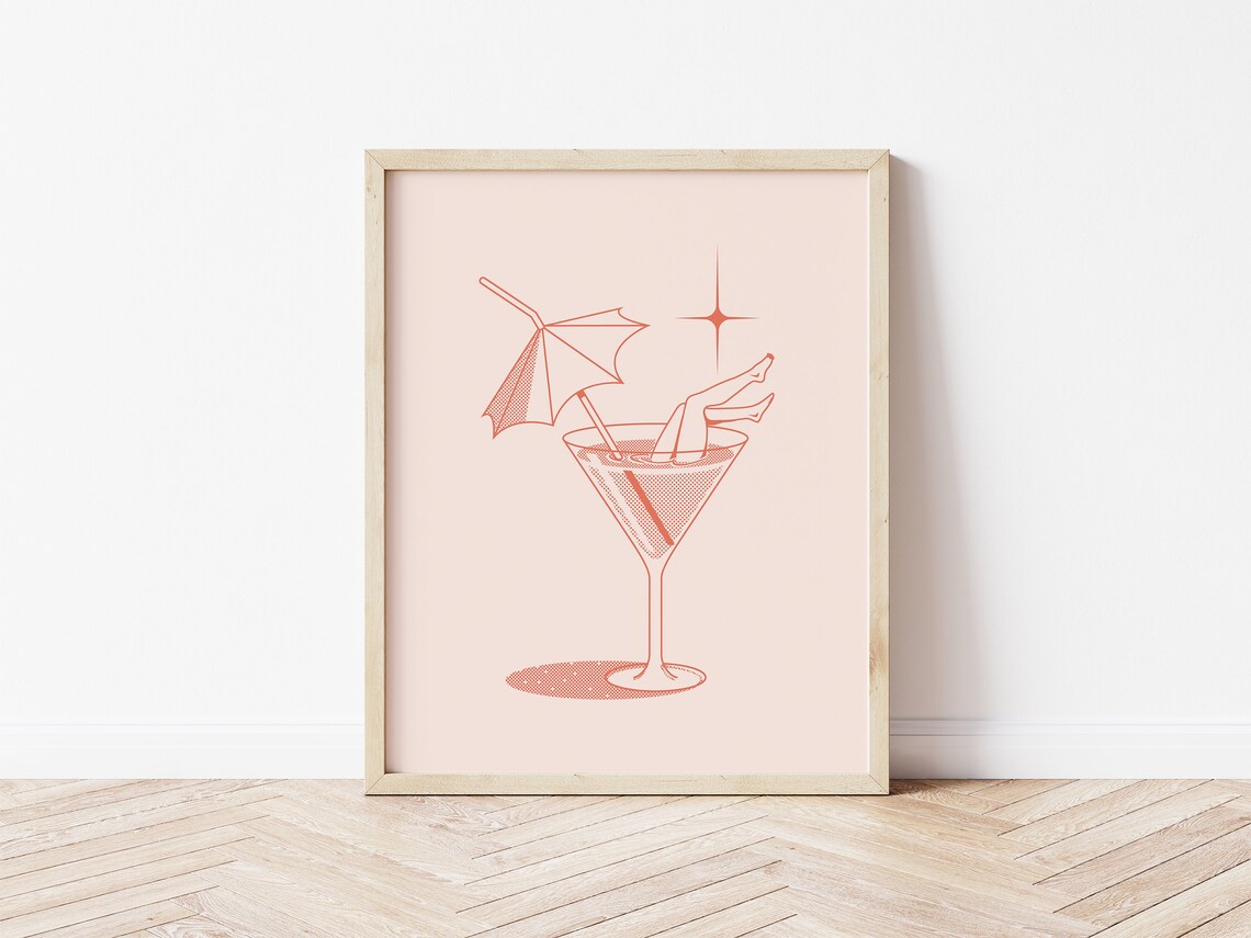 Cheeky Martini Glass Coral Line Art Cocktail Bar Decor Poster - Image 2