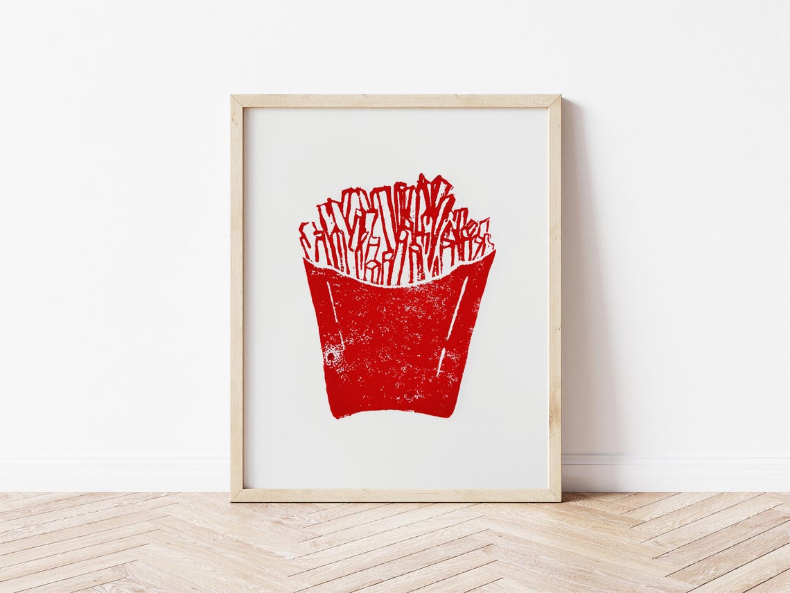 French Fries Print Fries Kitchen Wall Art Red Kitchen Wall Art Excuse My French Funny French Fries Art Food Linocut Retro Food Poster - Image 2