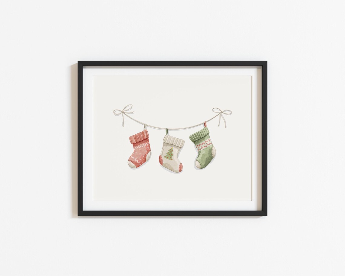 Christmas Stockings Garland Watercolor Holiday Mantel Poster - Image 2