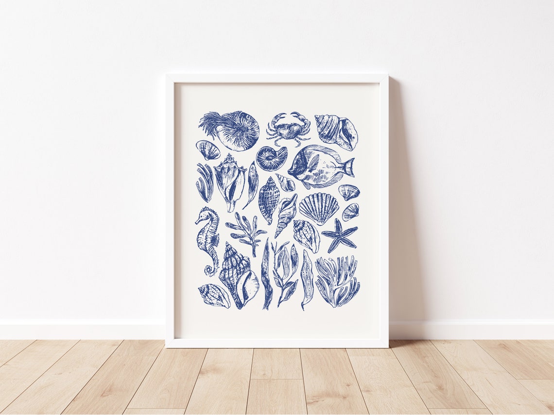 Vintage Sea Life Shells Navy Blue Nautical Illustration Wall Art - Image 2